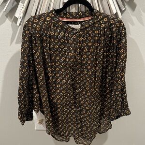Anthropologie Boho Flowy Button-Down Tunic Blouse Cotton Brown Yellow Pattern S